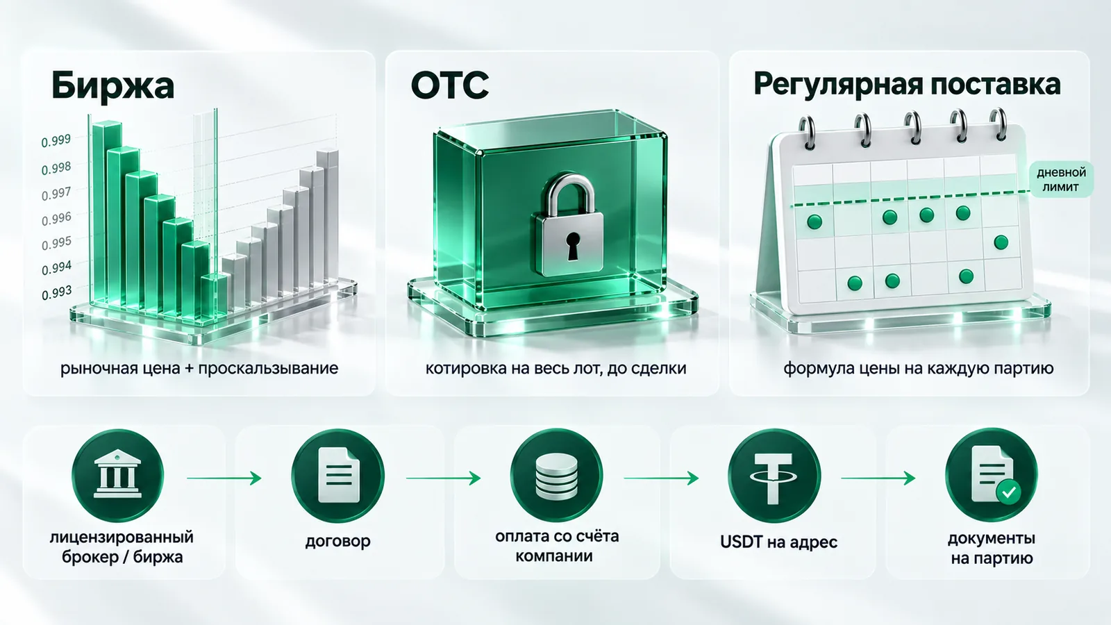 Три маршрута ликвидности USDT для платёжного сервиса: биржа — стандартные суммы по рыночной цене со стакана, OTC — крупный лот по котировке, зафиксированной до сделки, регулярная поставка — график, лимиты и формула цены на каждую партию