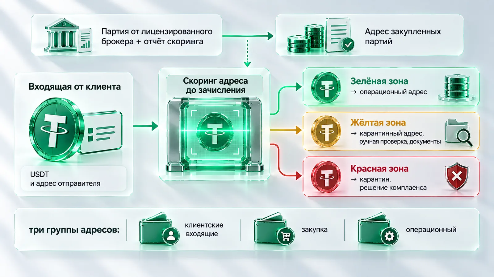 Регламент приёма USDT платёжным сервисом: входящая от клиента попадает на адрес приёма, скоринг адреса отправителя до зачисления, три зоны риска — зелёная на операционный адрес, жёлтая на карантинный адрес с ручной проверкой и запросом документов, красная остаётся на карантине с решением комплаенса; закупленные у брокера партии идут на отдельный адрес с отчётом скоринга