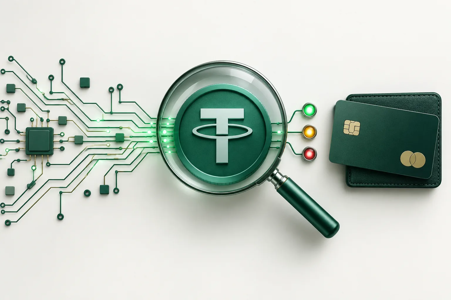 AML-проверка USDT кошелька: монета под лупой, светофор риска, кошелёк