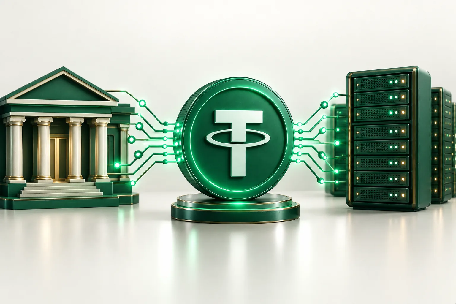 USDT для банков и финтеха: здание банка, монета, серверная стойка