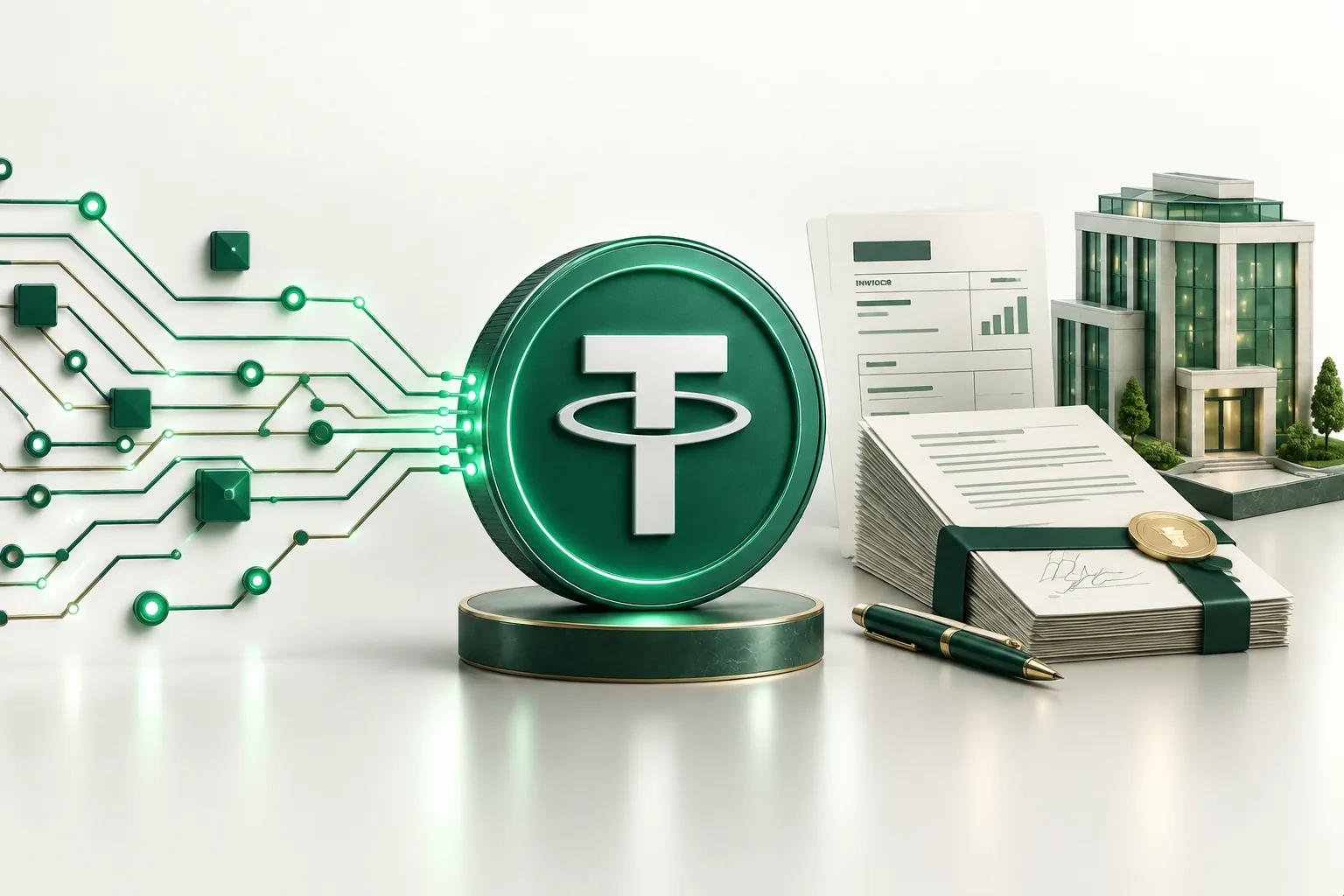 USDT для бизнеса: монета, подписанные документы с печатью, офисное здание