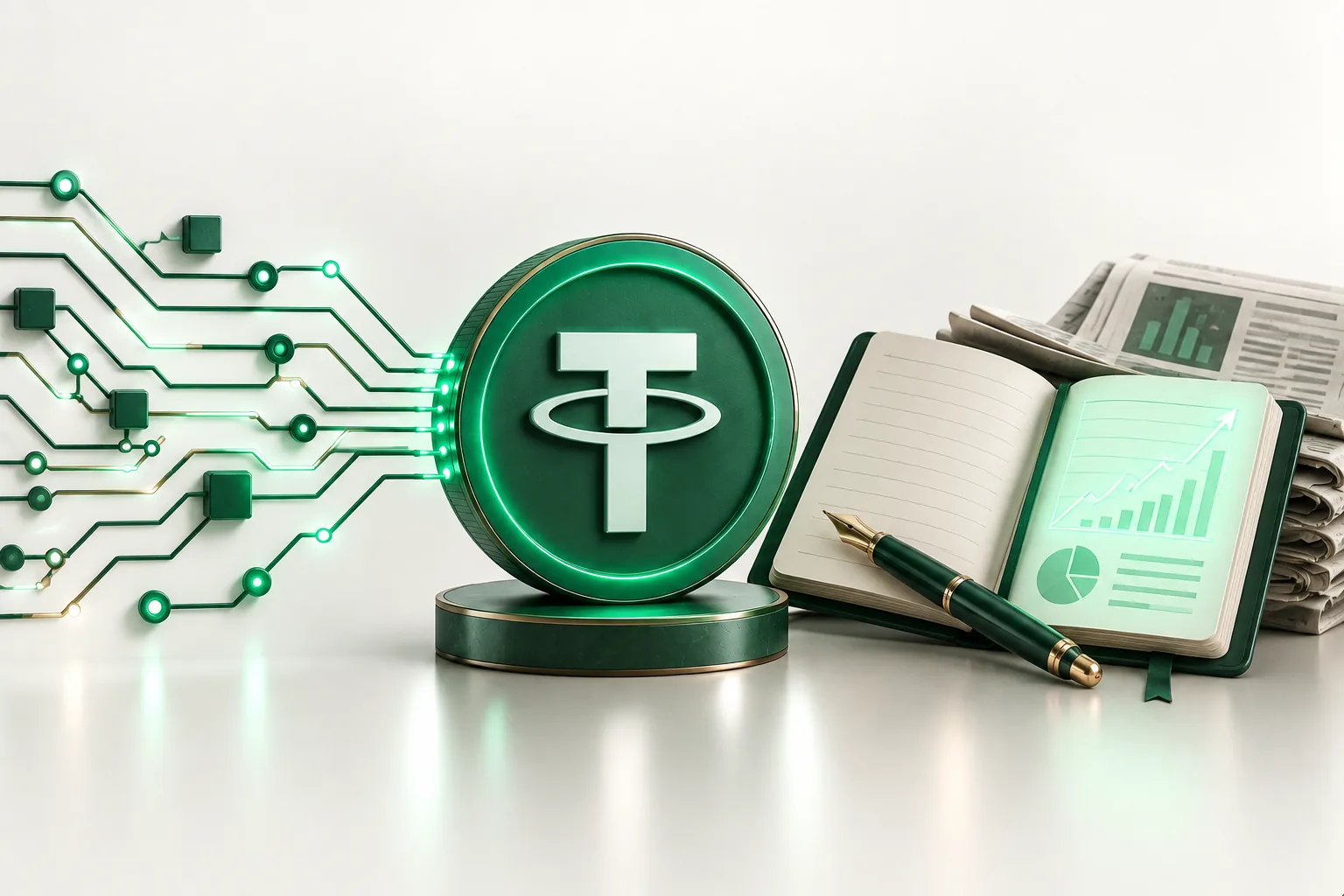 Блог NEO finance: монета USDT, блокнот с графиком, стопка газет