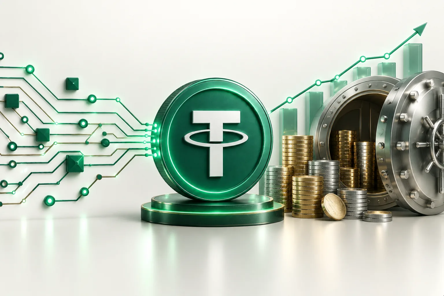 USDT для инвестора: монета, стопки монет, открытый сейф, растущий график
