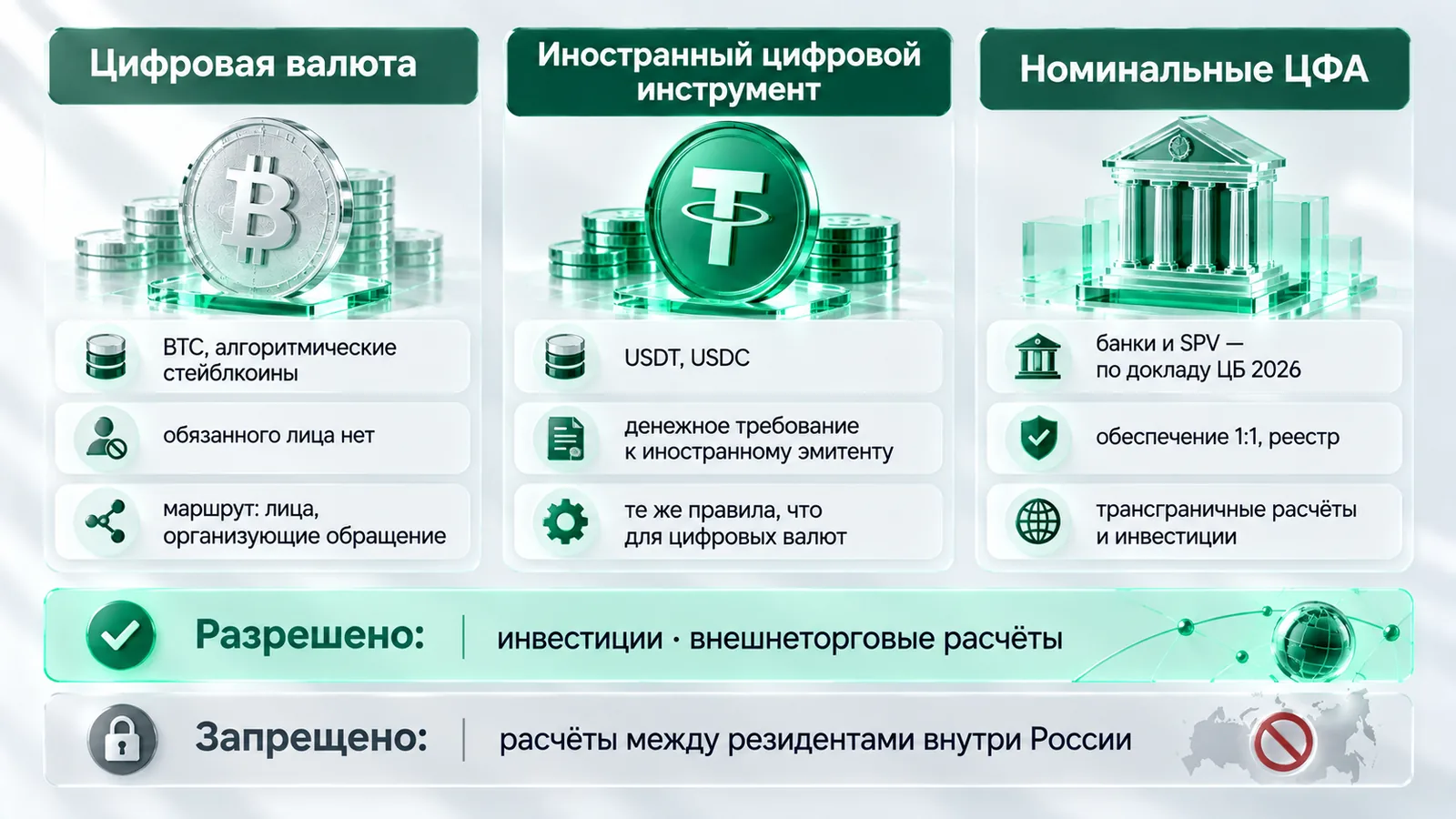 Три класса стейблкоинов в России по 282-ФЗ и докладу ЦБ 2026: цифровая валюта без обязанного лица, беспоставочный иностранный цифровой инструмент с денежным требованием к иностранному эмитенту — USDT и USDC, цифровые права российского выпуска и будущие номинальные ЦФА от банков и SPV; для всех трёх разрешены инвестиции и трансграничные расчёты, расчёты между резидентами внутри России запрещены